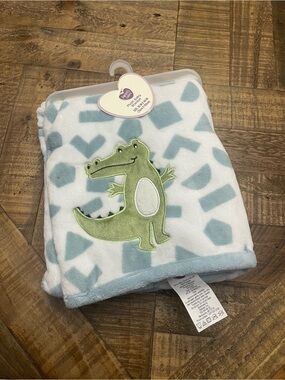 Parent's Choice Appliqued Gator Plush Baby Blanket Blue White Geometric 30"x40"